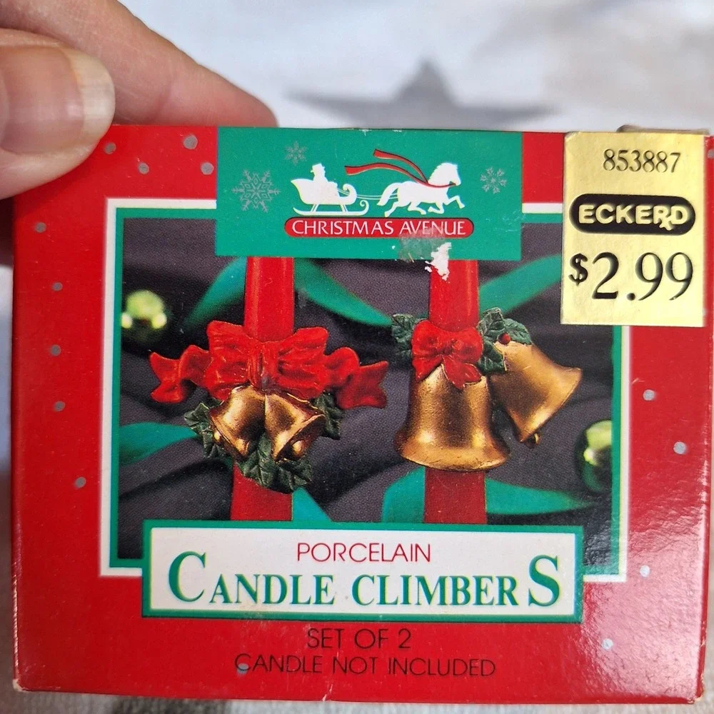 Two New Old Stock Vintage Porcelain Candle Climber‎ Hugger Christmas Santa Bells